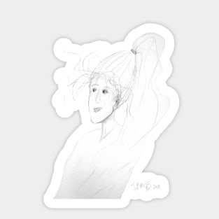 sketch of a woman with windswept hair and long ponytail Sticker